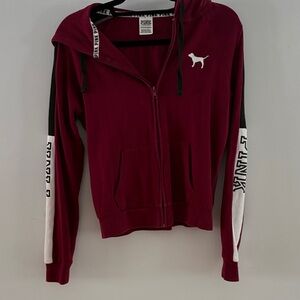 PINK Victoria's Secret Maroon Zip Hoodie with Black & White Sleeve Panels